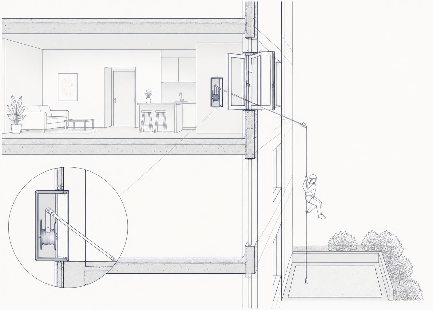 Architectural cutaway of a building floor with an integrated EXIT Safety descent device, escape window and descent route to a landing area
